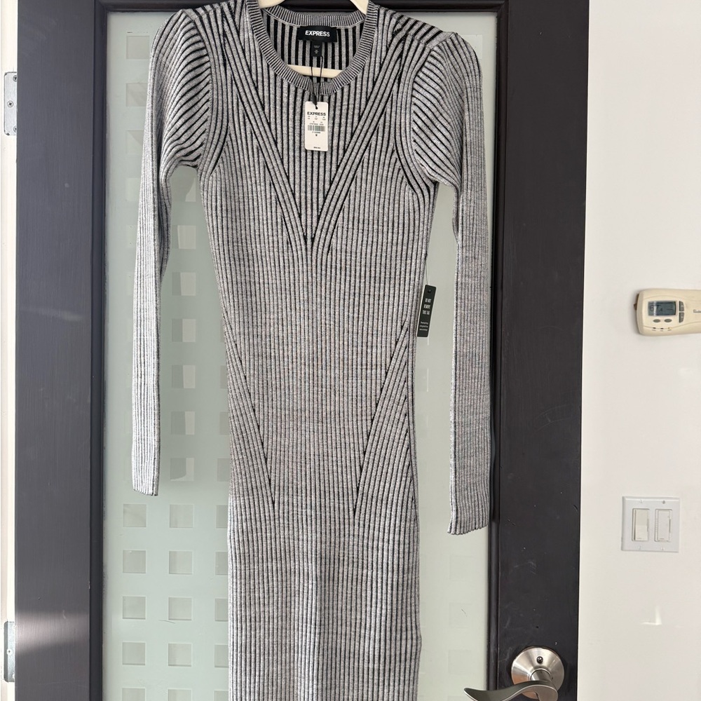 Express ribbed knit Black and White Striped Long Sleeve Dress
